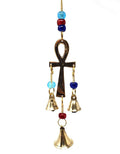 Crystal Fairy Patch 9-inch brass Ankh wind chime featuring red and blue glass beads and three hanging brass bells.
