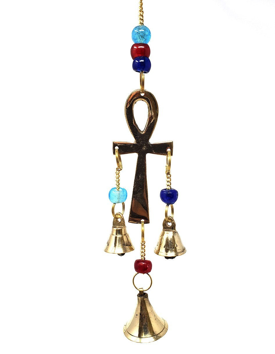 Crystal Fairy Patch 9-inch brass Ankh wind chime featuring red and blue glass beads and three hanging brass bells.