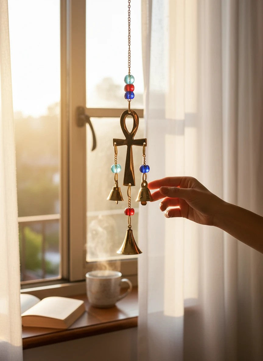 Crystal Fairy Patch Ankh brass wind chime with red and blue glass beads hanging by a sunlit window with a hand touching the bells.