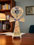 Crystal Fairy Patch 8-inch resin Ankh symbol featuring Egyptian motifs, Eye of Horus, and scarab beetles in black and yellow.