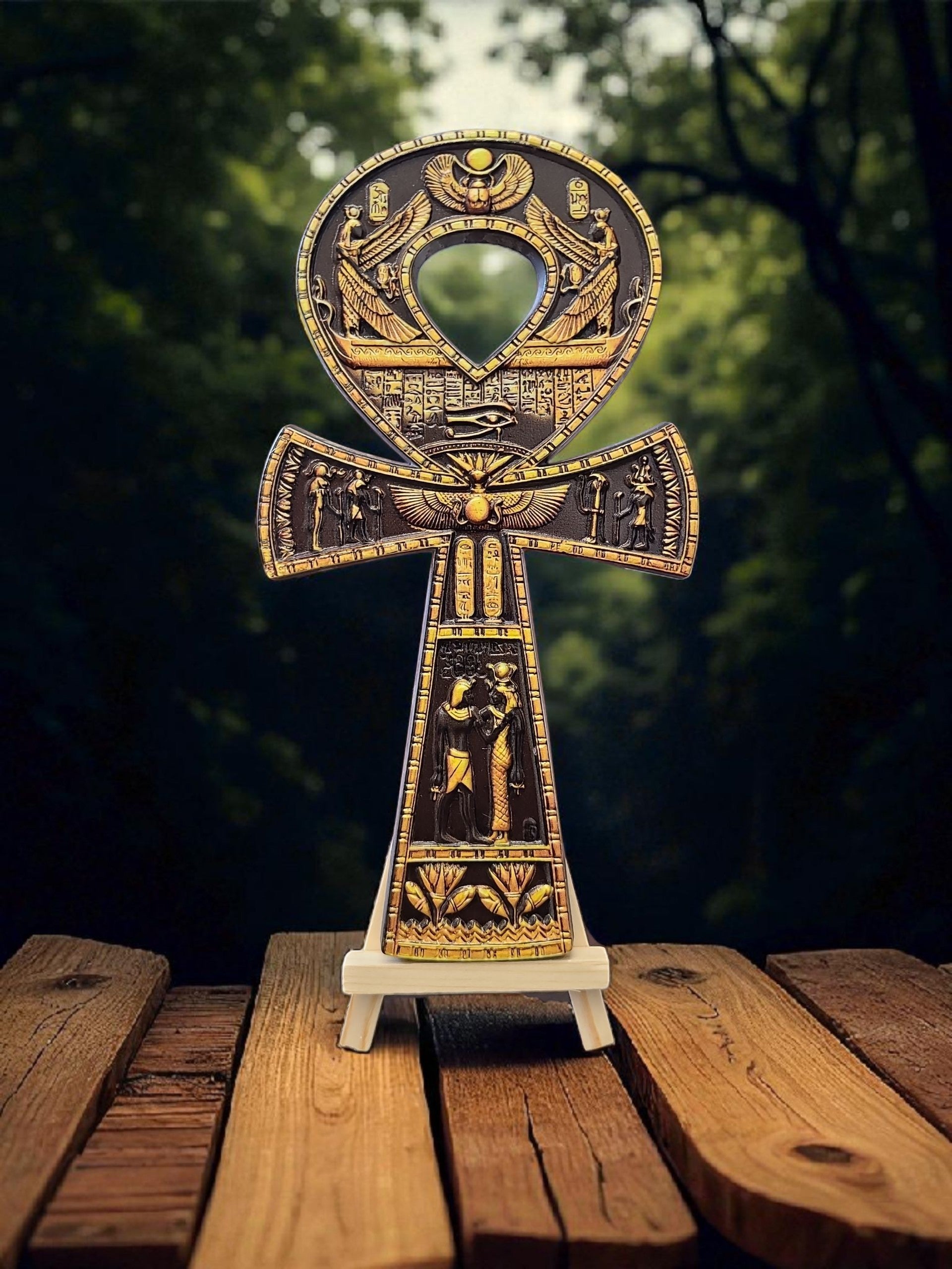 Crystal Fairy Patch 8-inch resin Ankh symbol in black and yellow with intricate Egyptian hieroglyphic and scarab beetle carvings.