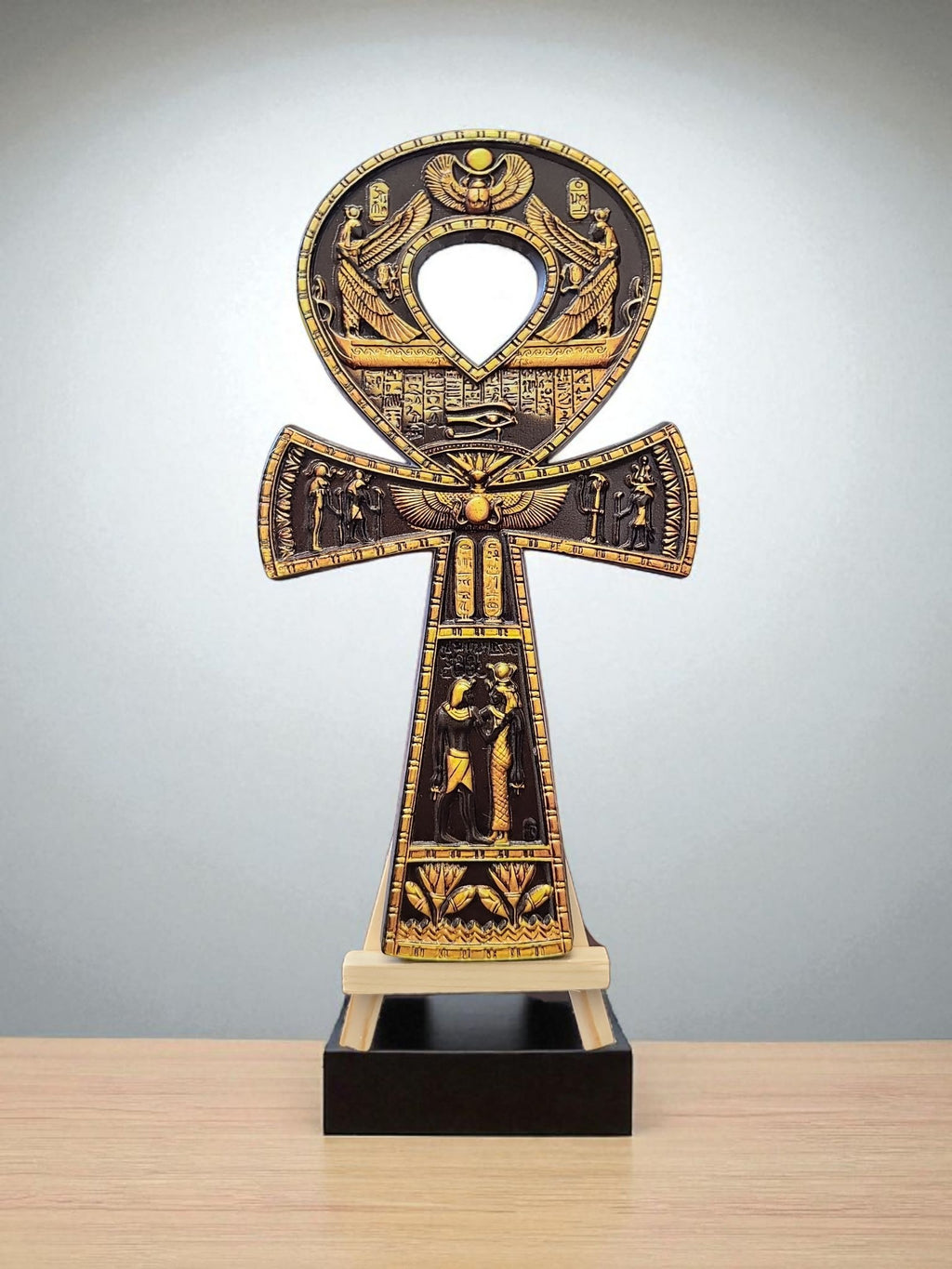 Crystal Fairy Patch 8-inch resin Ankh symbol in black and yellow with intricate Egyptian hieroglyphics and Eye of Horus detail.
