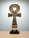 Crystal Fairy Patch 8-inch resin Ankh symbol in black and yellow with intricate Egyptian hieroglyphics and Eye of Horus detail.