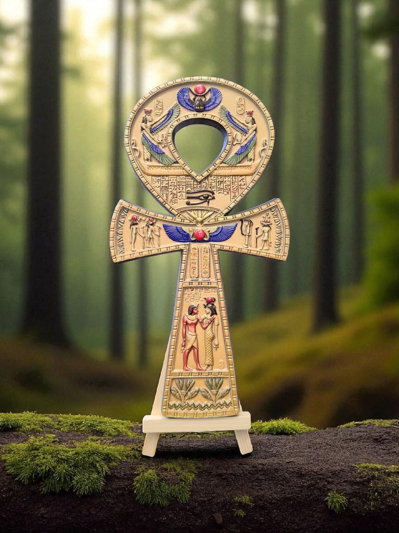 Crystal Fairy Patch 8-inch resin Ankh symbol featuring intricate Egyptian hieroglyphs, Eye of Horus, and scarab beetle motifs.