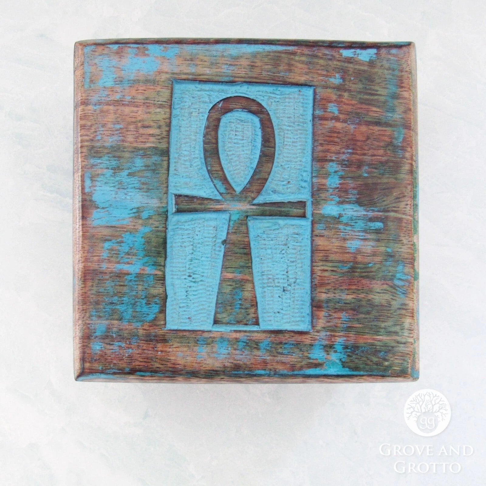 Crystal Fairy Patch square wooden box with a carved blue Ankh symbol, featuring a rustic distressed finish for ritual storage.