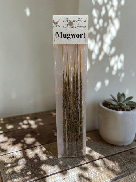 Crystal Fairy Patch artisan mugwort stick incense in clear packaging, featuring a rustic, textured botanical design.