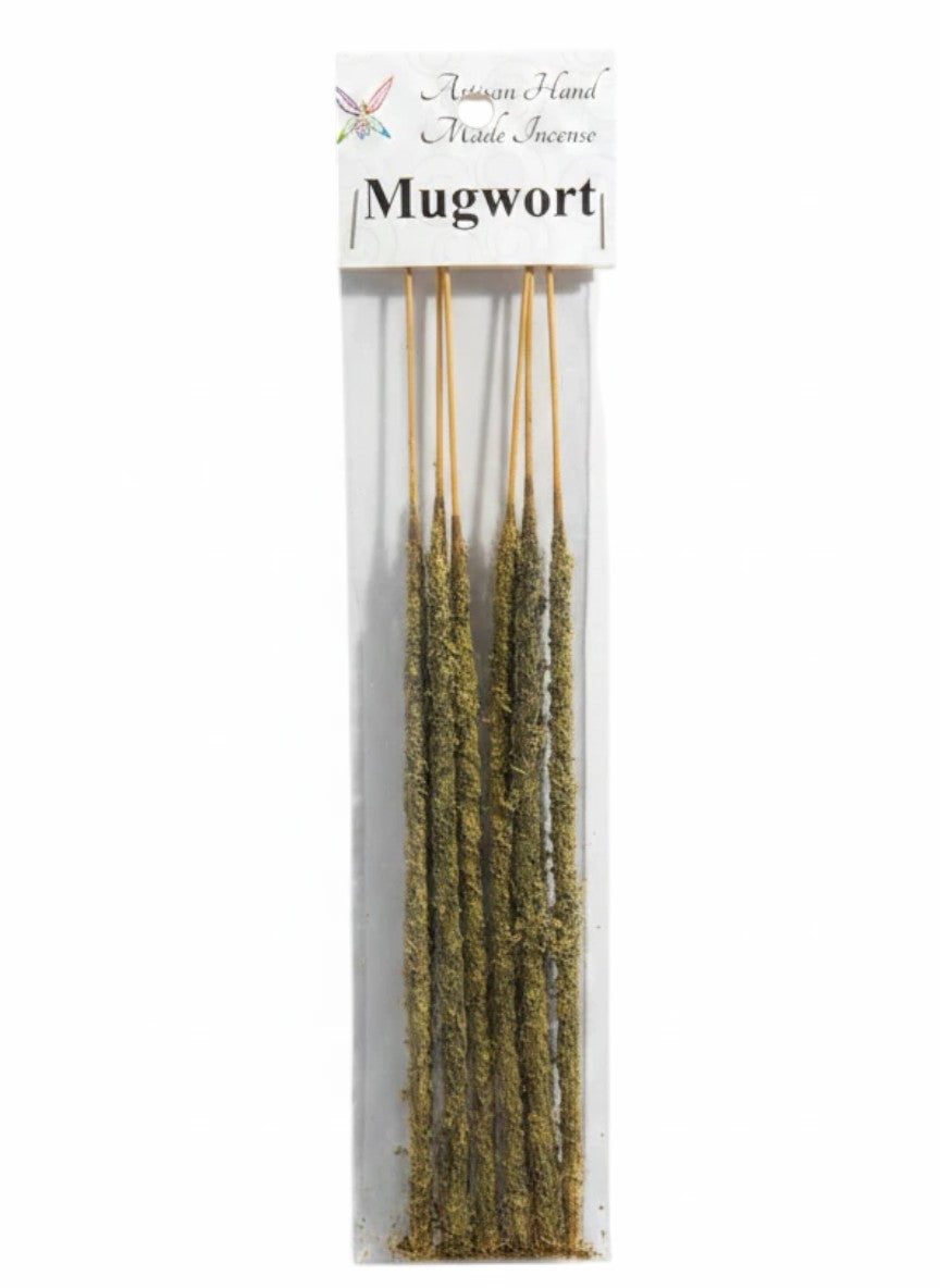 Crystal Fairy Patch artisan mugwort stick incense in clear packaging with a rustic, textured botanical finish for meditation.