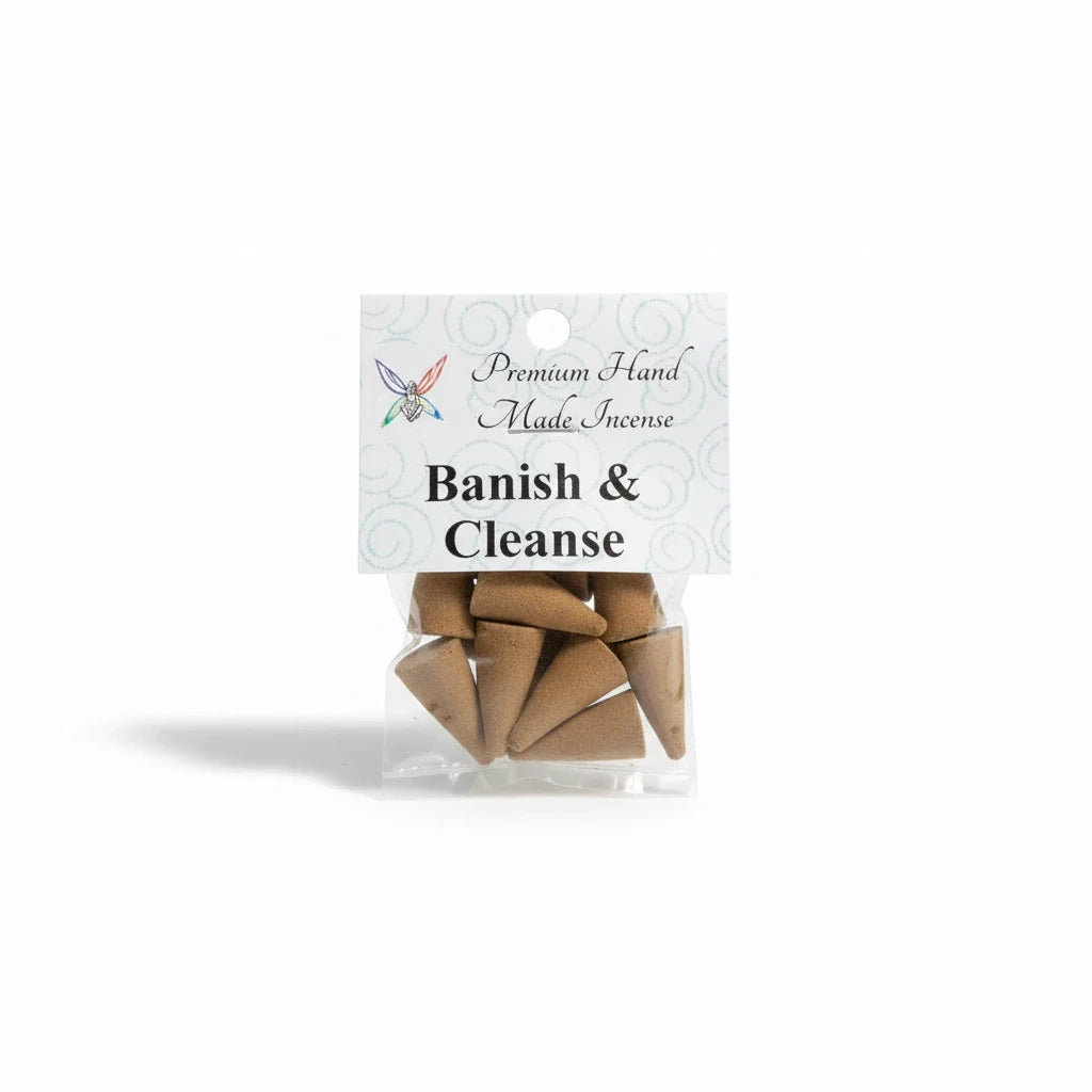 Crystal Fairy Patch Banish & Cleanse premium handmade cone incense in a clear plastic bag, pack of 10 for spiritual cleansing.