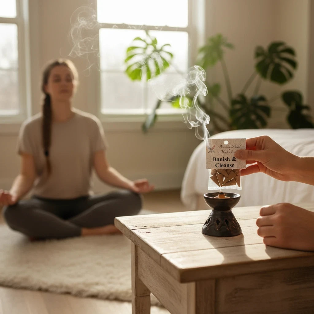 Crystal Fairy Patch Banish & Cleanse handmade incense cones burning in a holder with a woman meditating in the background
