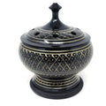 Crystal Fairy Patch black carved brass incense burner with intricate gold-tone etching, lid, and wooden coaster base.