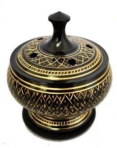 Crystal Fairy Patch black carved brass incense burner with gold etched patterns, lid, and wooden coaster base.
