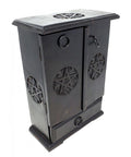 Crystal Fairy Patch black wooden cupboard with hand-carved pentagram motifs, metal ring pulls, and a storage drawer.