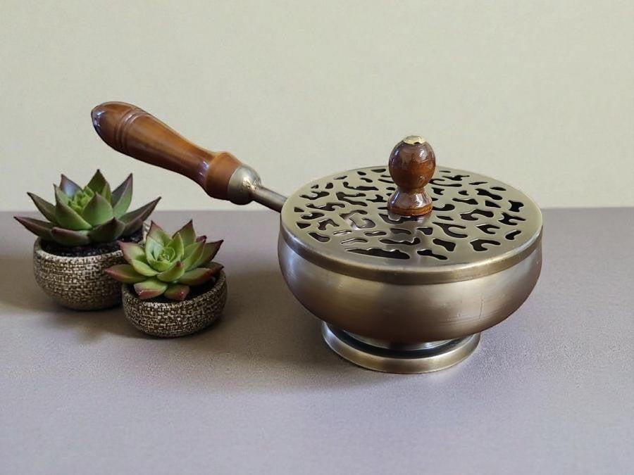 Crystal Fairy Patch bronze finish metal charcoal burner with decorative lid and wooden handle for incense and resin burning