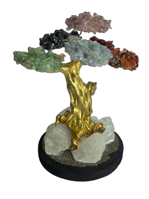 Crystal Fairy Patch Chakra Stone Bonsai Tree with gemstone chips, gold-toned trunk, and raw quartz and pyrite base.