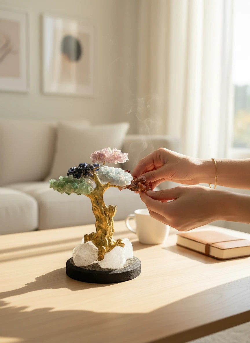 Crystal Fairy Patch chakra stone bonsai tree with gemstone chips on a quartz and pyrite base, held by hands in a bright room.