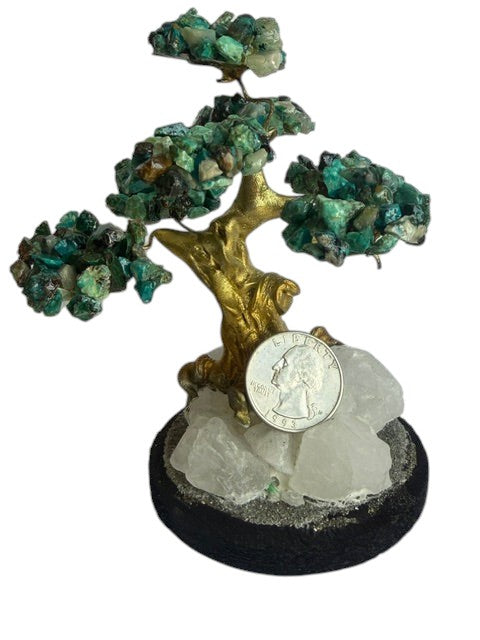 Crystal Fairy Patch handcrafted Chrysocolla bonsai tree with gold-toned trunk on a raw quartz and pyrite-coated base.