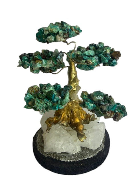 Crystal Fairy Patch handcrafted Chrysocolla bonsai tree with gold-toned trunk on a raw quartz and pyrite-coated base.
