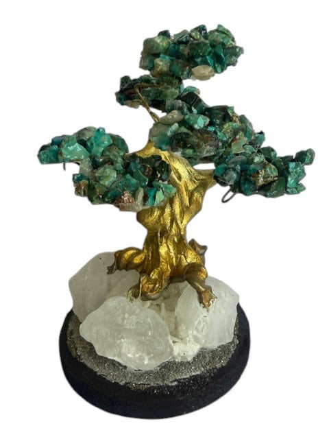 Crystal Fairy Patch handcrafted Chrysocolla bonsai tree with gold-toned trunk on a raw quartz and pyrite-coated base.