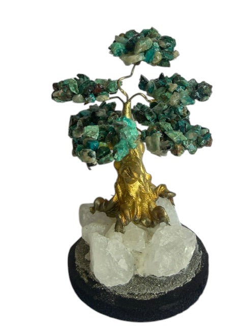 Crystal Fairy Patch handcrafted Chrysocolla bonsai tree with gold trunk on a raw quartz and pyrite base for home decor.