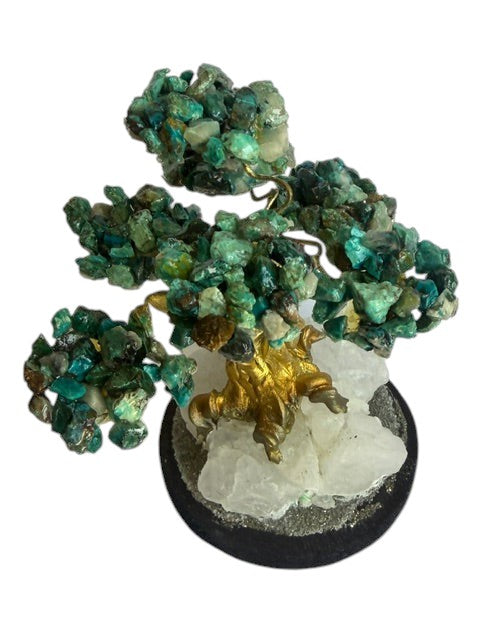 Crystal Fairy Patch handcrafted Chrysocolla bonsai tree with gold-toned trunk on a raw quartz and pyrite-coated base.