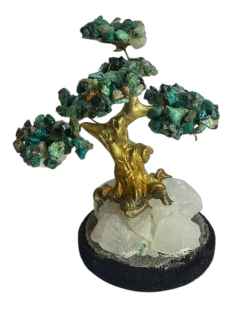 Crystal Fairy Patch handcrafted Chrysocolla bonsai tree with gold-toned trunk, raw quartz, and pyrite base for home decor.