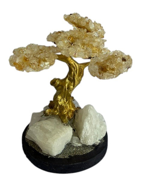Crystal Fairy Patch Citrine bonsai tree with golden crystal leaves, metallic trunk, and raw quartz and pyrite base for home decor.
