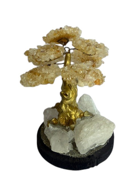 Crystal Fairy Patch citrine crystal bonsai tree with golden wire branches on a raw quartz and pyrite base for home decor.