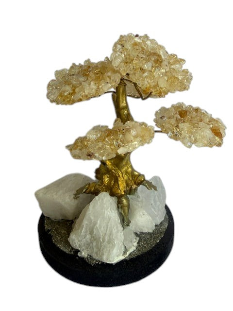 Crystal Fairy Patch Citrine bonsai tree with golden crystal leaves, gold-toned trunk, and raw quartz and pyrite base.