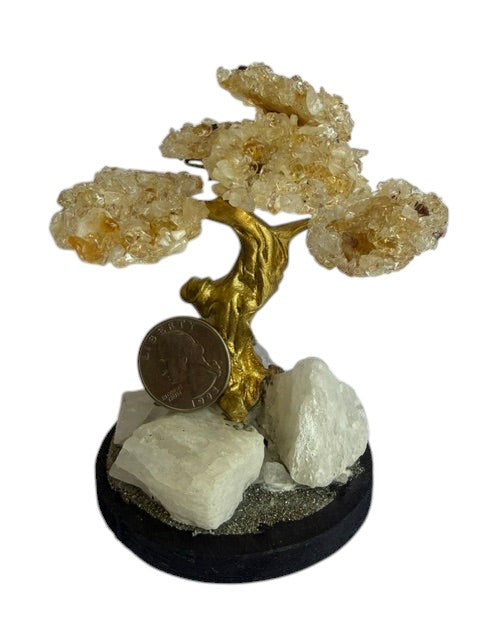 Crystal Fairy Patch Citrine bonsai tree with golden crystal leaves, gold-toned trunk, and raw quartz and pyrite base for home decor.