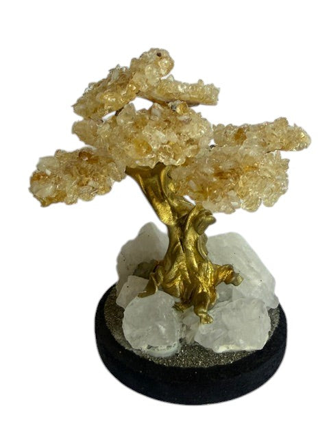 Crystal Fairy Patch Citrine bonsai tree with golden crystal leaves, gold-toned trunk, and raw quartz and pyrite base.