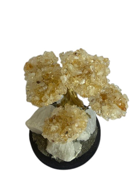 Crystal Fairy Patch Citrine Bonsai Tree with golden crystal leaves on a raw quartz and pyrite-coated base for home decor.