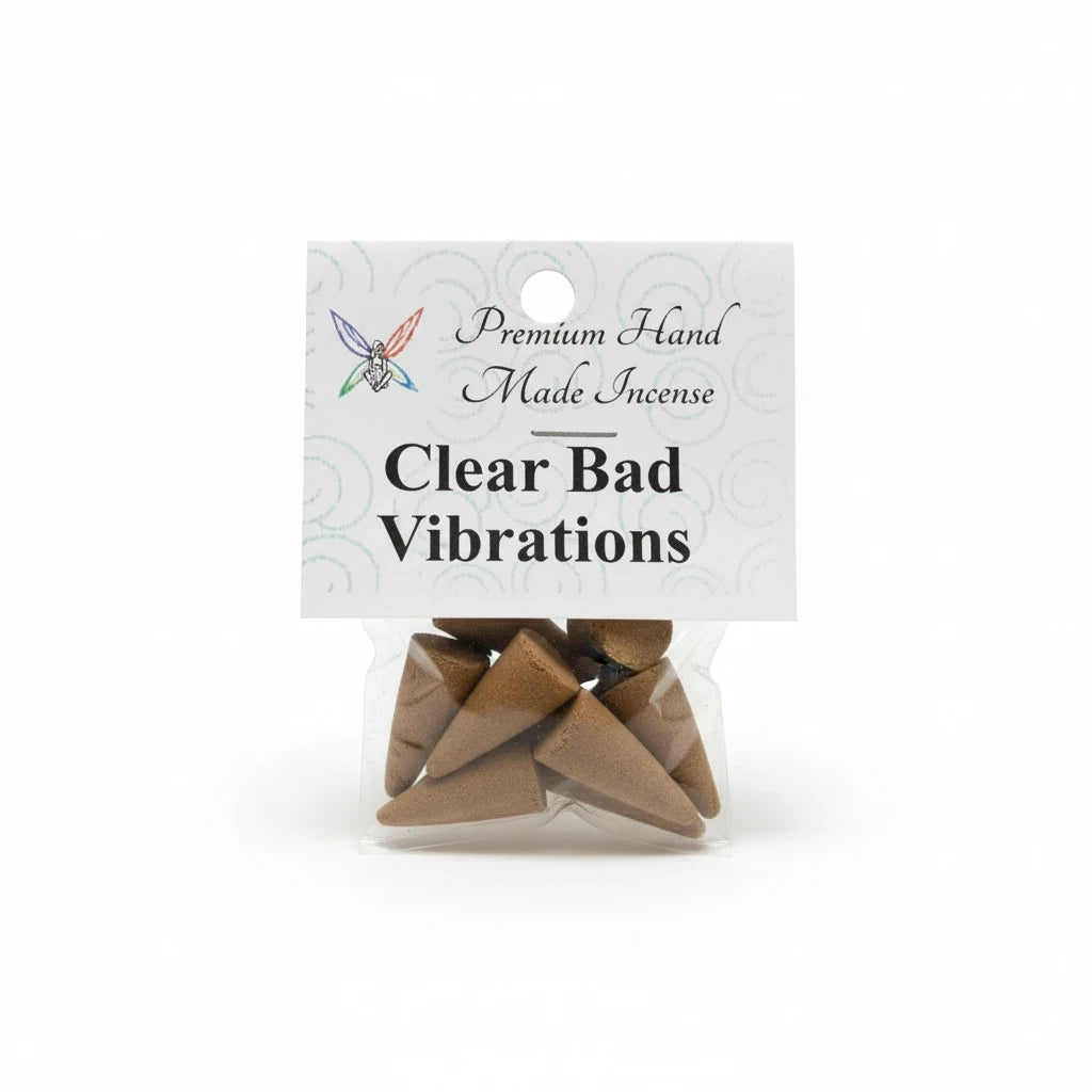 Crystal Fairy Patch Clear Bad Vibrations premium hand-made brown cone incense in a clear plastic bag with branded header card
