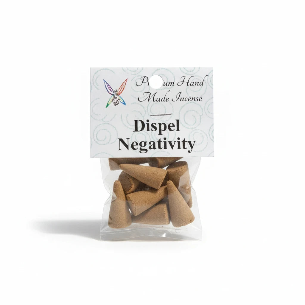 Crystal Fairy Patch Dispel Negativity premium hand-made cone incense in a clear plastic pack of ten for clearing energy