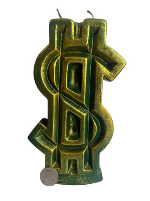 Crystal Fairy Patch decorative dollar sign wax candle in metallic gold and green with a double wick design for home decor.