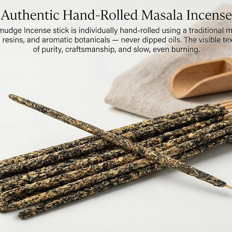 Crystal Fairy Patch Satya Dragon Blood hand-rolled masala incense sticks with visible botanical texture on a linen cloth.