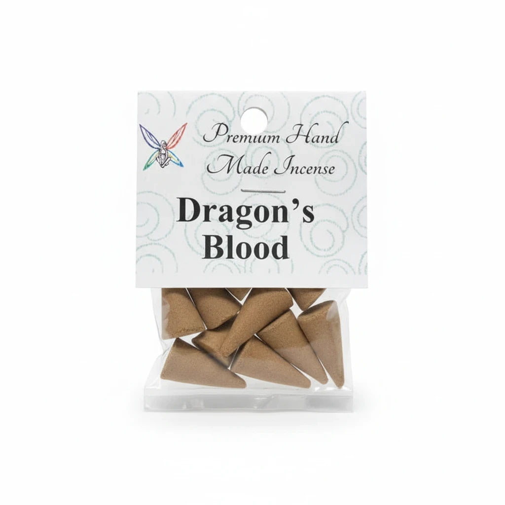 Crystal Fairy Patch Dragon's Blood premium hand-made incense cones in a clear plastic bag with a white branded header card.