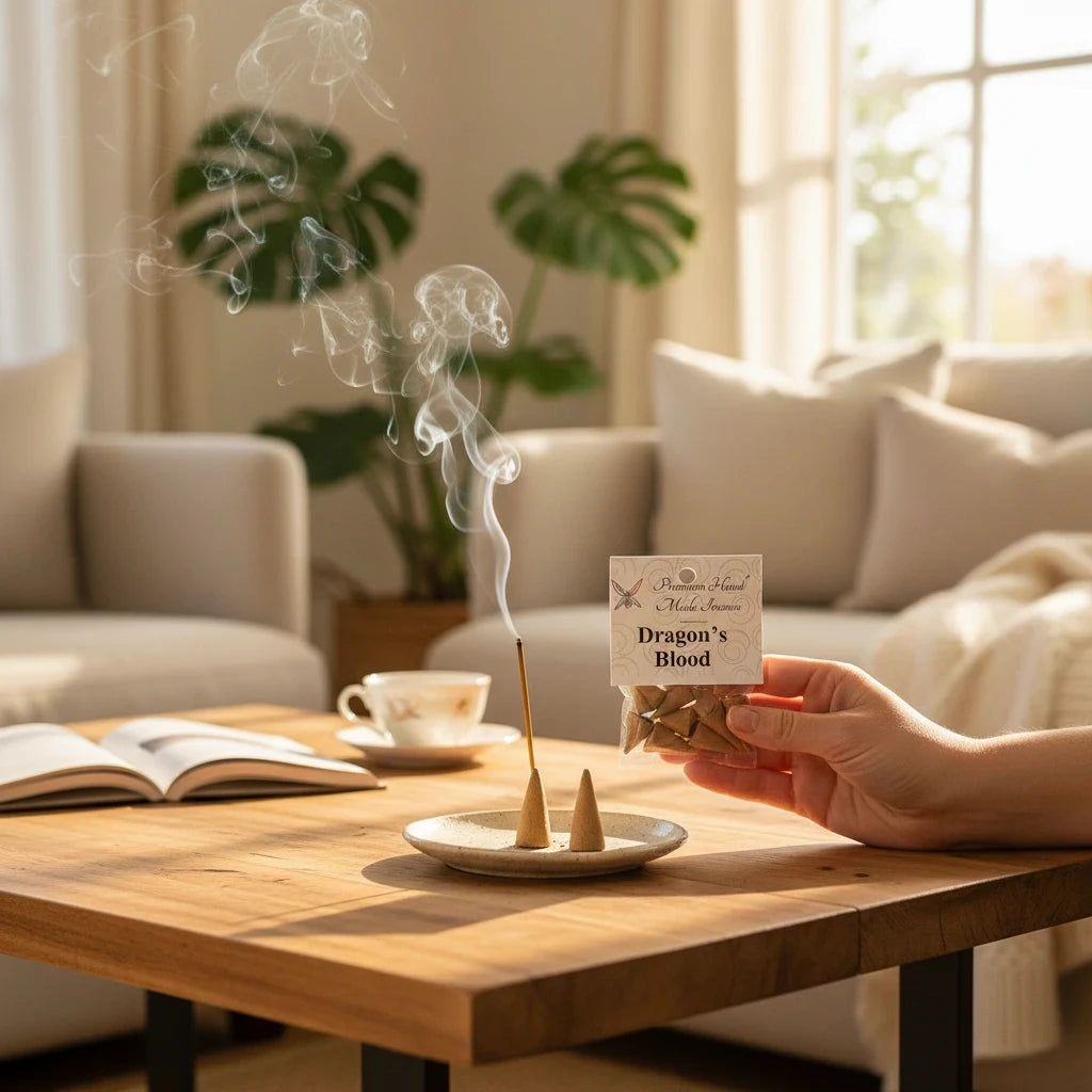 Crystal Fairy Patch Dragon's Blood hand-made incense cones smoldering on a ceramic dish with a hand holding a pack in a living room