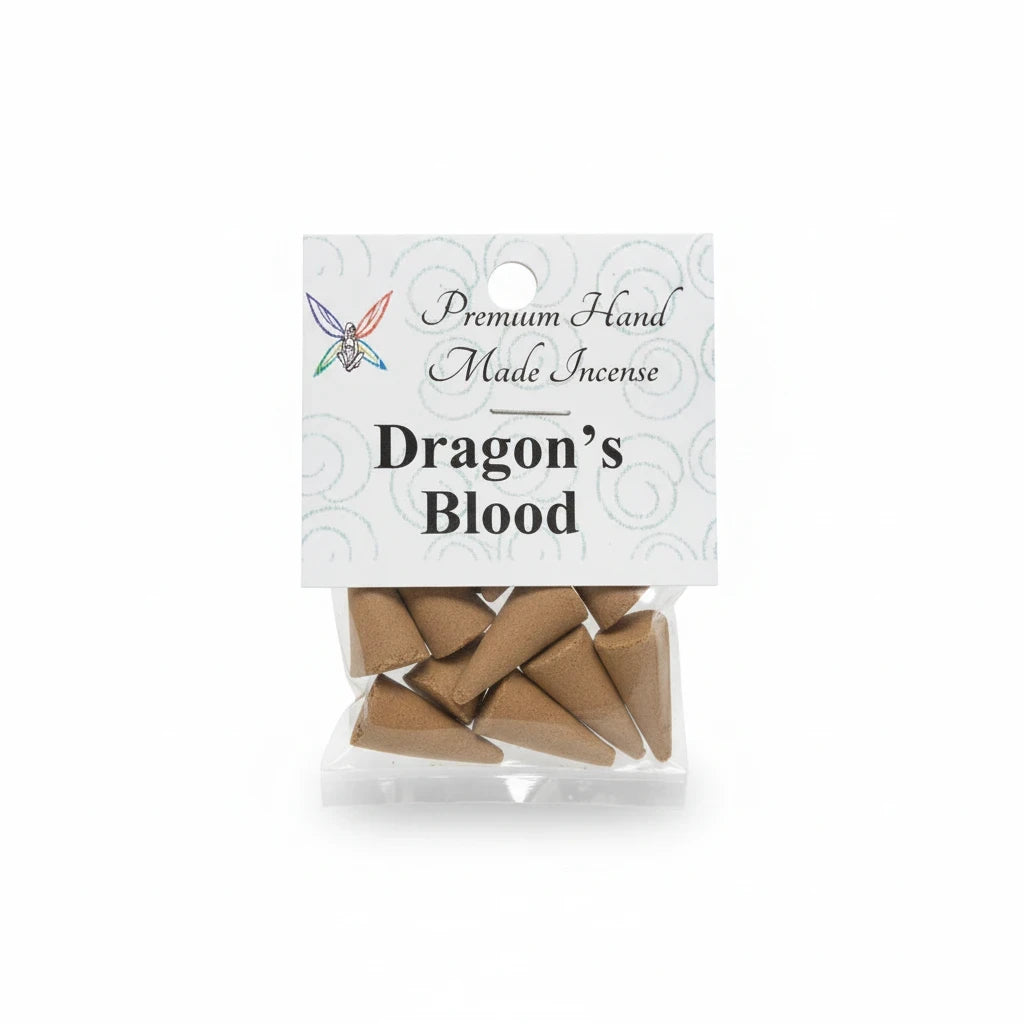 Crystal Fairy Patch Dragon's Blood premium hand made incense cones in a clear plastic retail bag with a hanging header card.