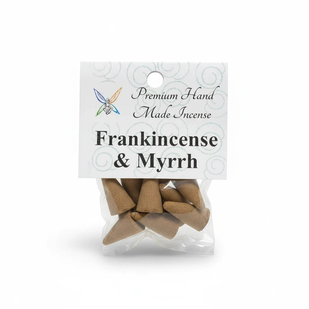 Crystal Fairy Patch Frankincense and Myrrh premium hand-made incense cones in a clear plastic bag with a branded header card.