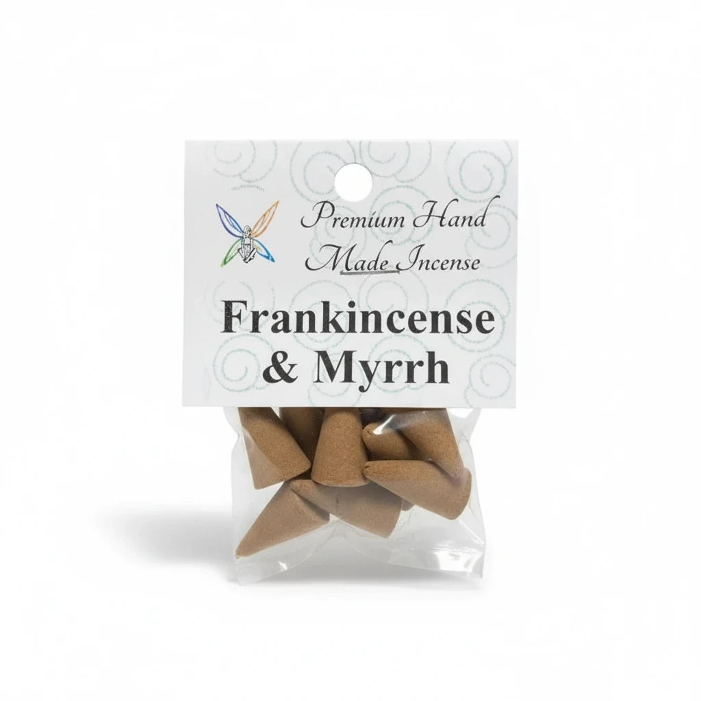 Crystal Fairy Patch Frankincense and Myrrh premium hand-made incense cones in a clear plastic retail bag