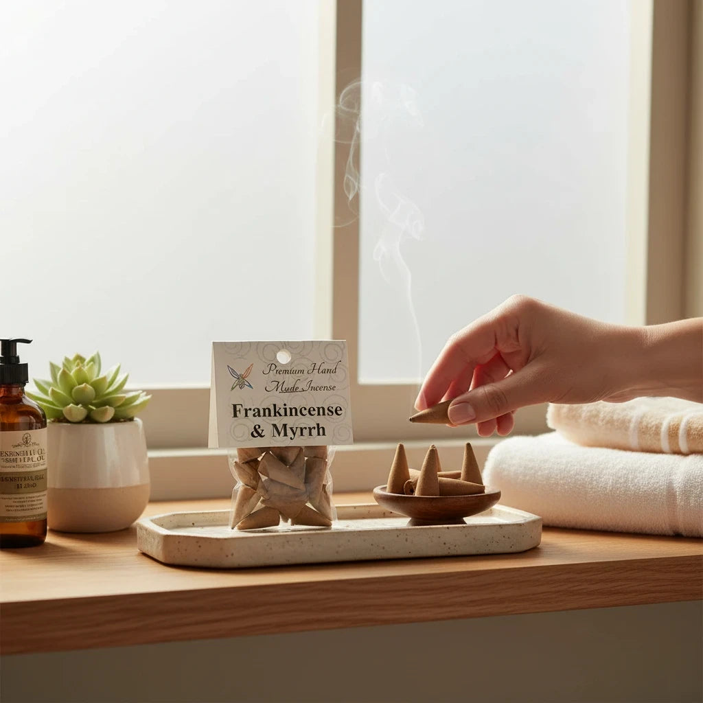 Crystal Fairy Patch Frankincense & Myrrh hand-made incense cones being placed on a wooden burner for a meditative ritual.