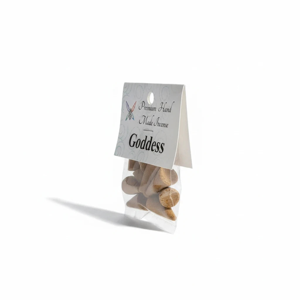 Crystal Fairy Patch Goddess premium hand-made incense cones in a clear plastic bag with a white hanging header card