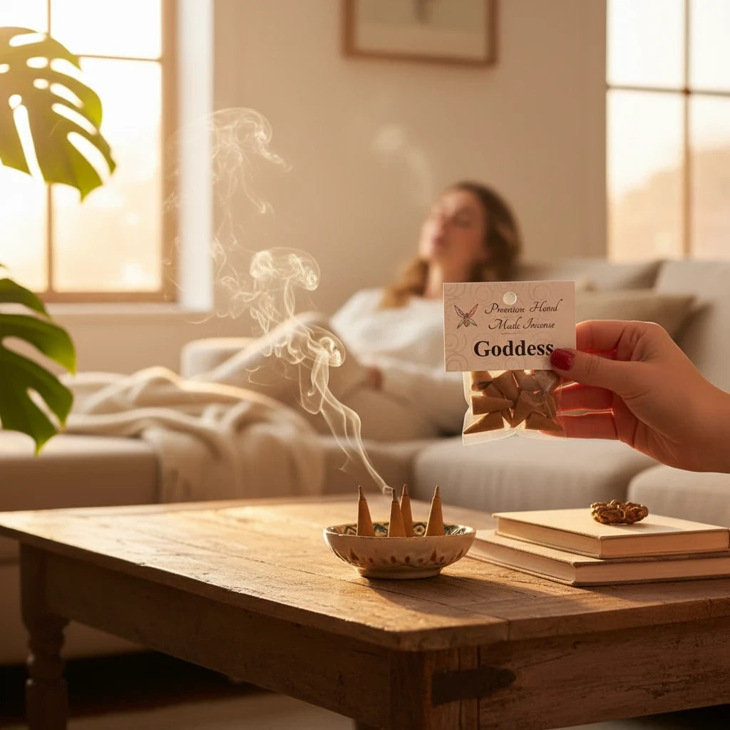 Crystal Fairy Patch Goddess premium hand-made incense cones smoldering in a ceramic bowl, creating a peaceful ritual atmosphere.