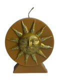 Crystal Fairy Patch Golden Sun Handcrafted Candle in honey wax with embossed sun face and shimmering gold glitter accents.