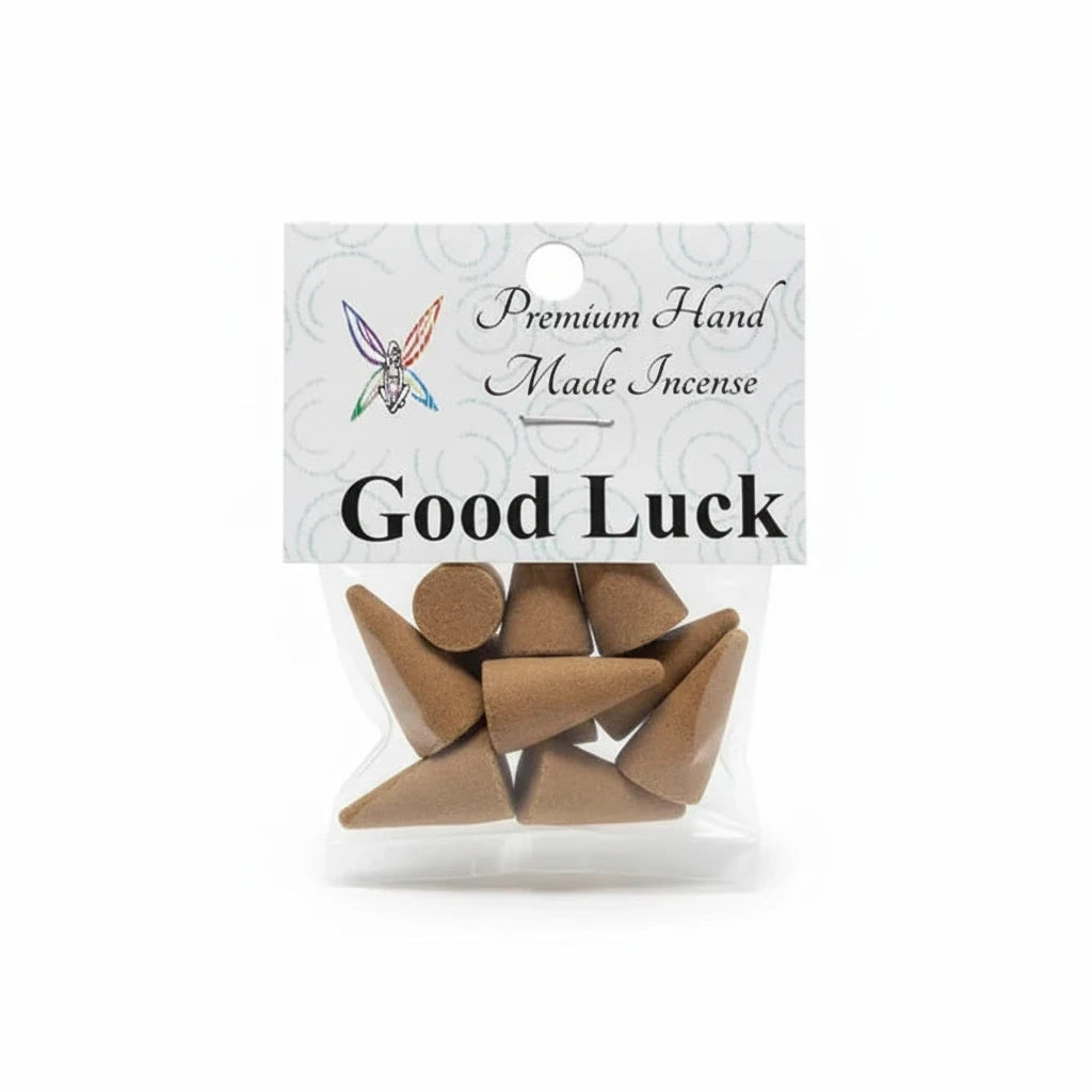 Crystal Fairy Patch Good Luck premium hand made incense cones in a clear plastic bag for attracting prosperity and success.