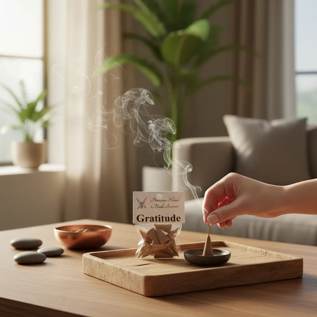 Crystal Fairy Patch Gratitude premium hand-made incense cone smoldering on a wooden tray with a bag of cones in a cozy room