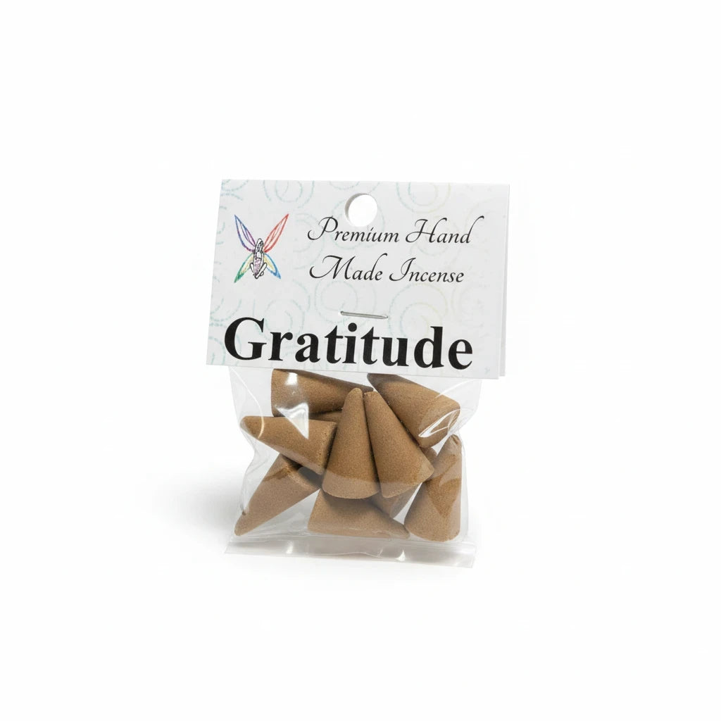 Crystal Fairy Patch Gratitude premium hand-made cone incense in a clear plastic bag with a white header card.