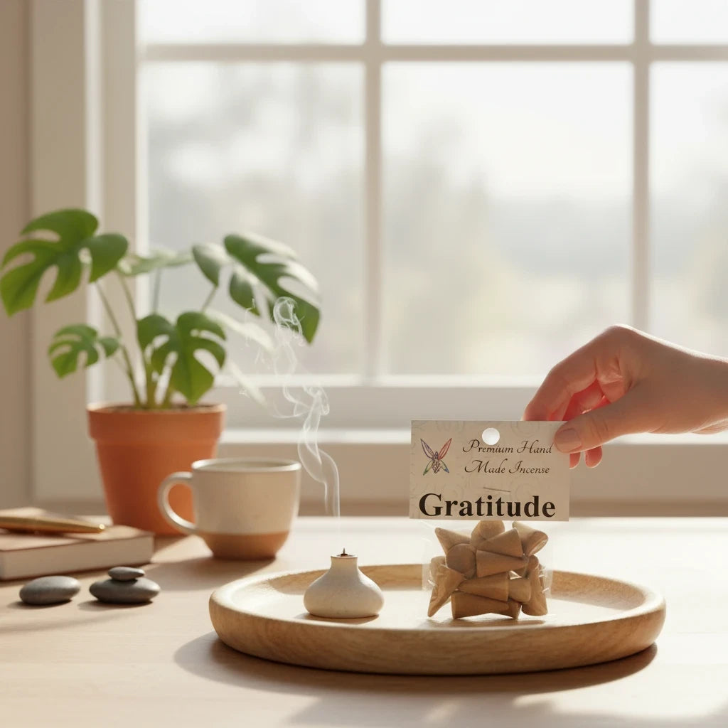 Crystal Fairy Patch Gratitude premium hand-made cone incense pack held by a hand next to a smoldering incense burner on a table.