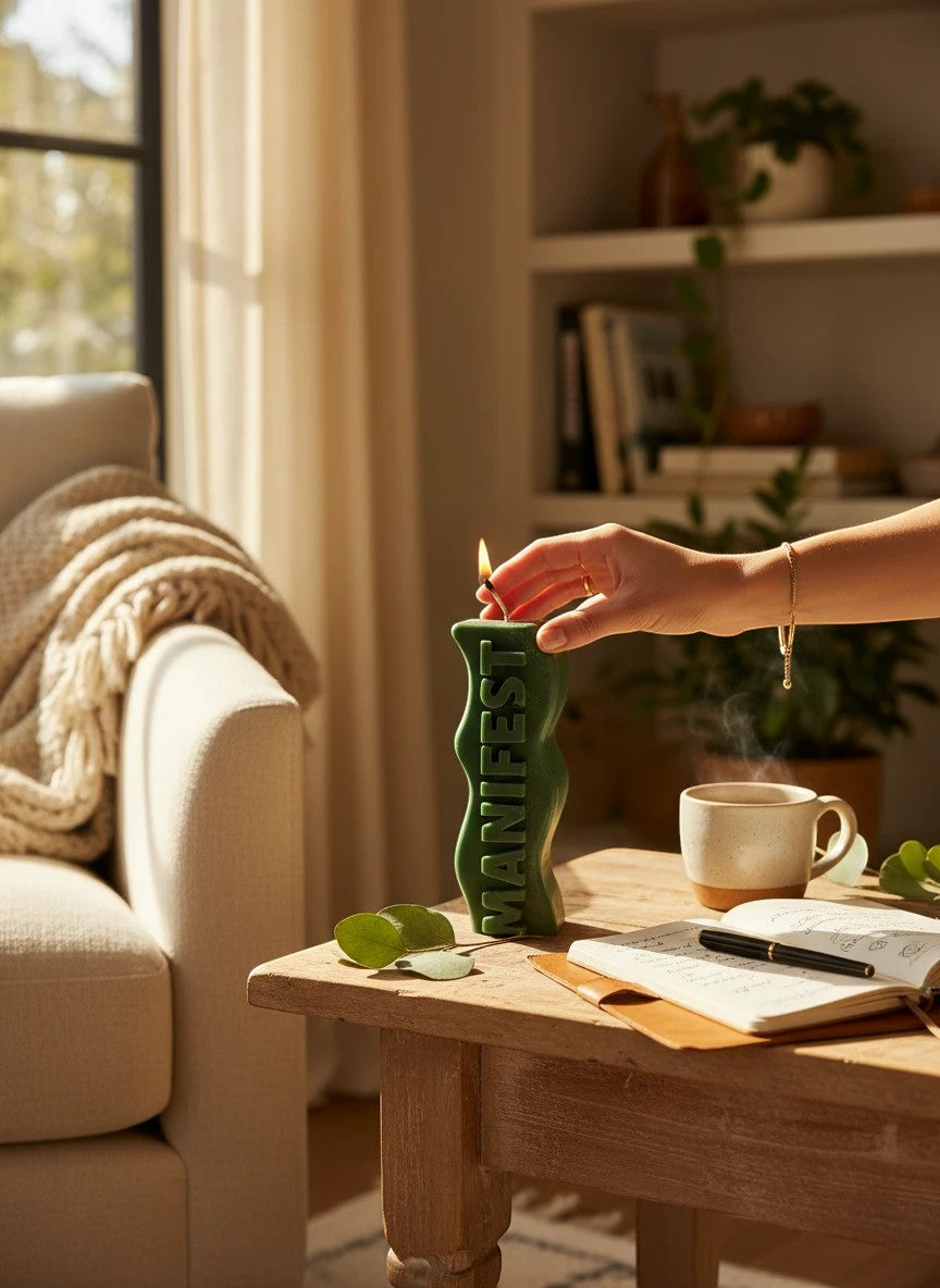 Crystal Fairy Patch green sculptural candle with wavy silhouette and MANIFEST text, lit on a wooden table with a journal.