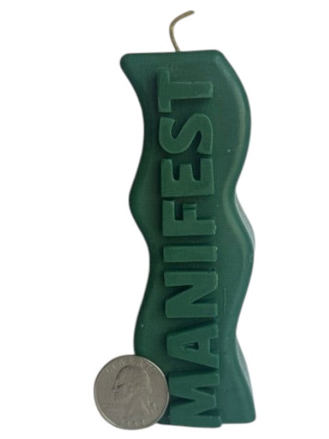 Crystal Fairy Patch Green Master Manifest handcrafted sculptural candle with wavy silhouette and raised lettering for meditation.